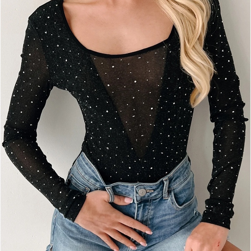Brown  sheer sparkle Long Sleeve Top